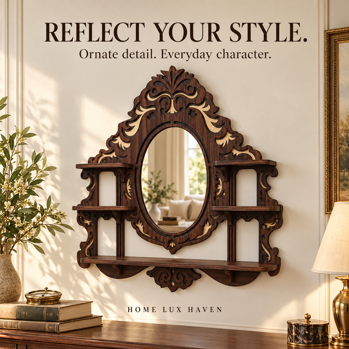 Ornate Wood Oval Mirror with Display Shelves - advertising image 01
