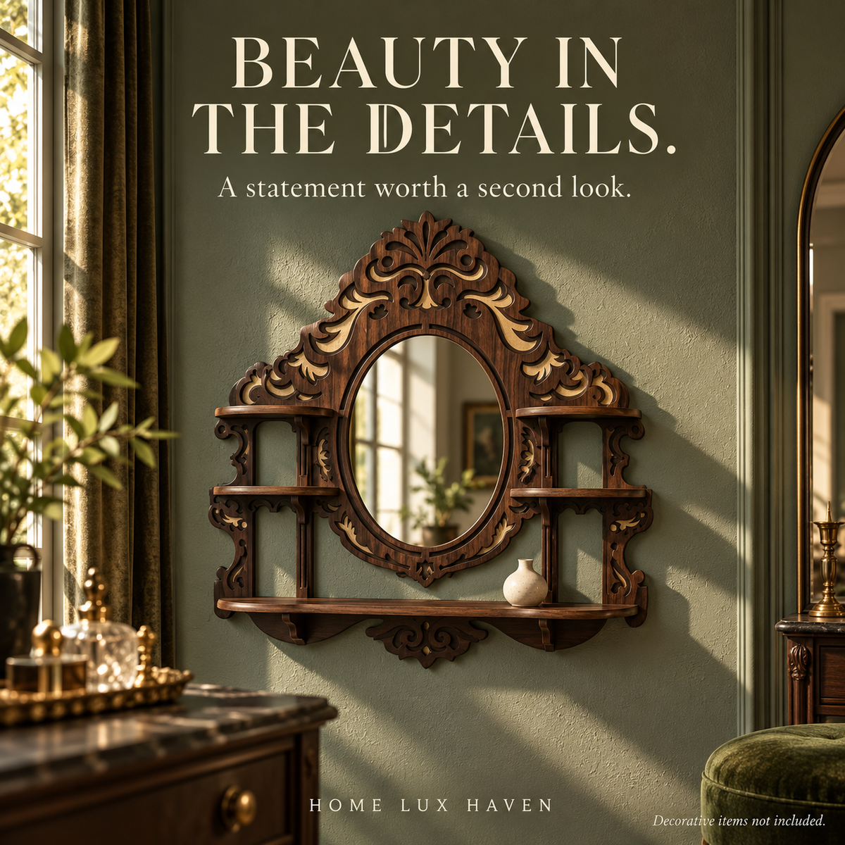 Ornate Wood Oval Mirror with Display Shelves - advertising image 02