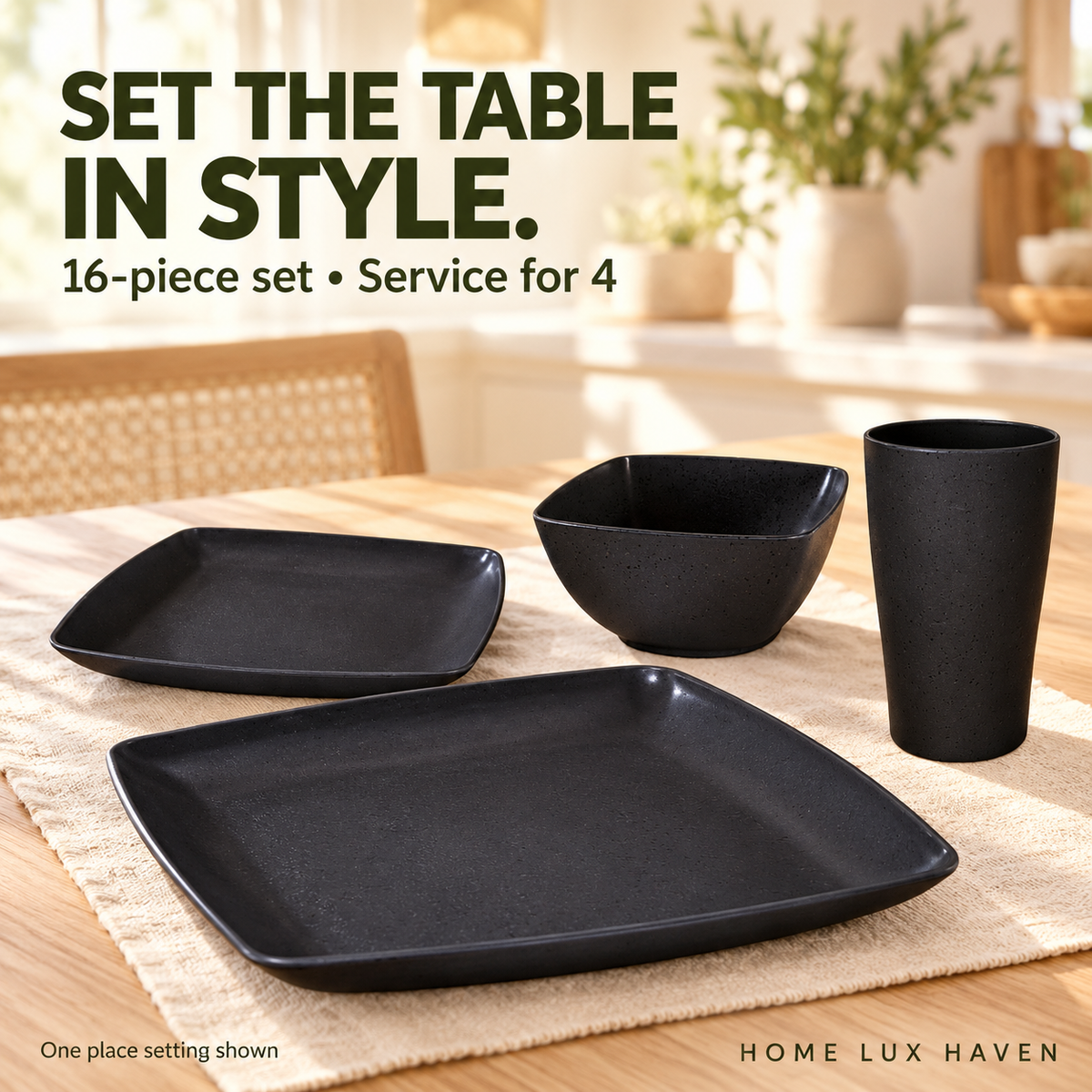 16-Piece Square Wheat Straw Dinnerware Set for 4, Matte Black - advertising image 01