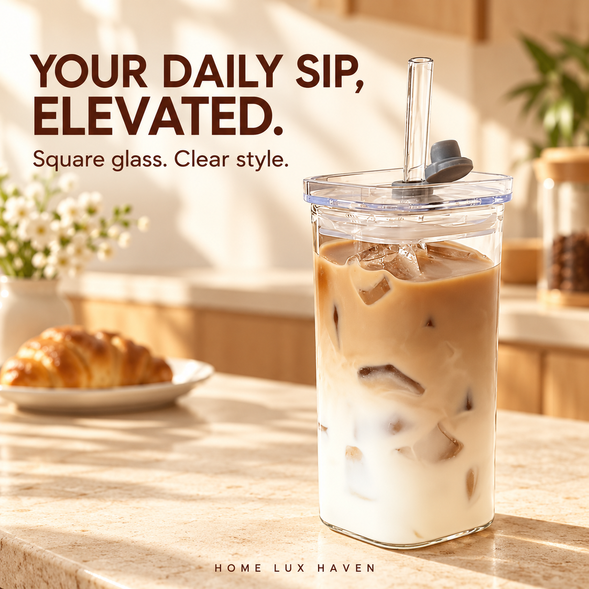 Square Glass Iced Coffee Cup with Lid & Straw - advertising image 01