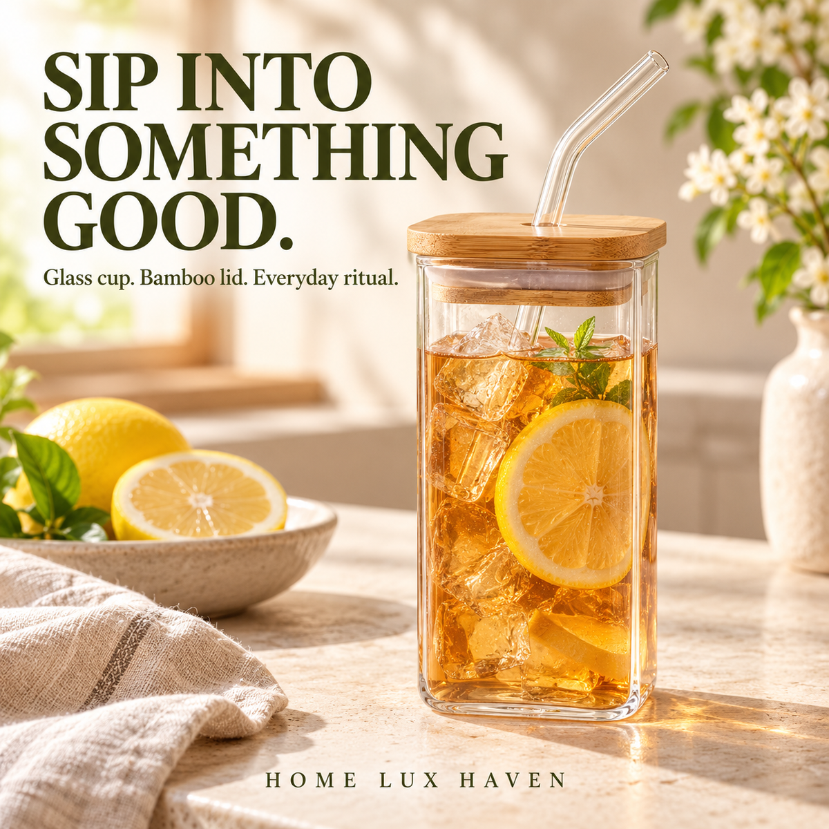 Square Glass Iced Coffee Cup with Lid & Straw - advertising image 02