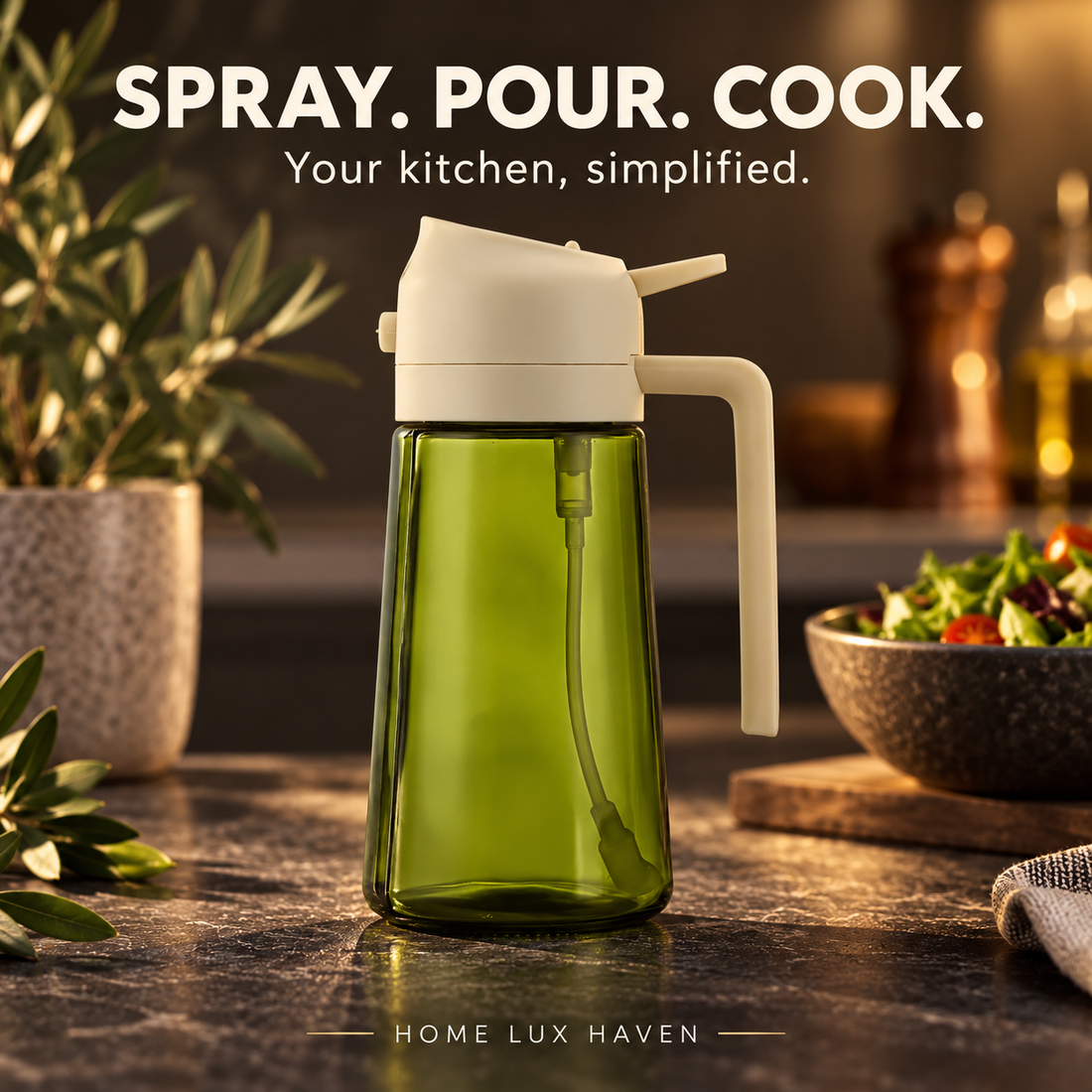 2-in-1 Glass Olive Oil Sprayer & Pourer Bottle (470 ml) - advertising image 01