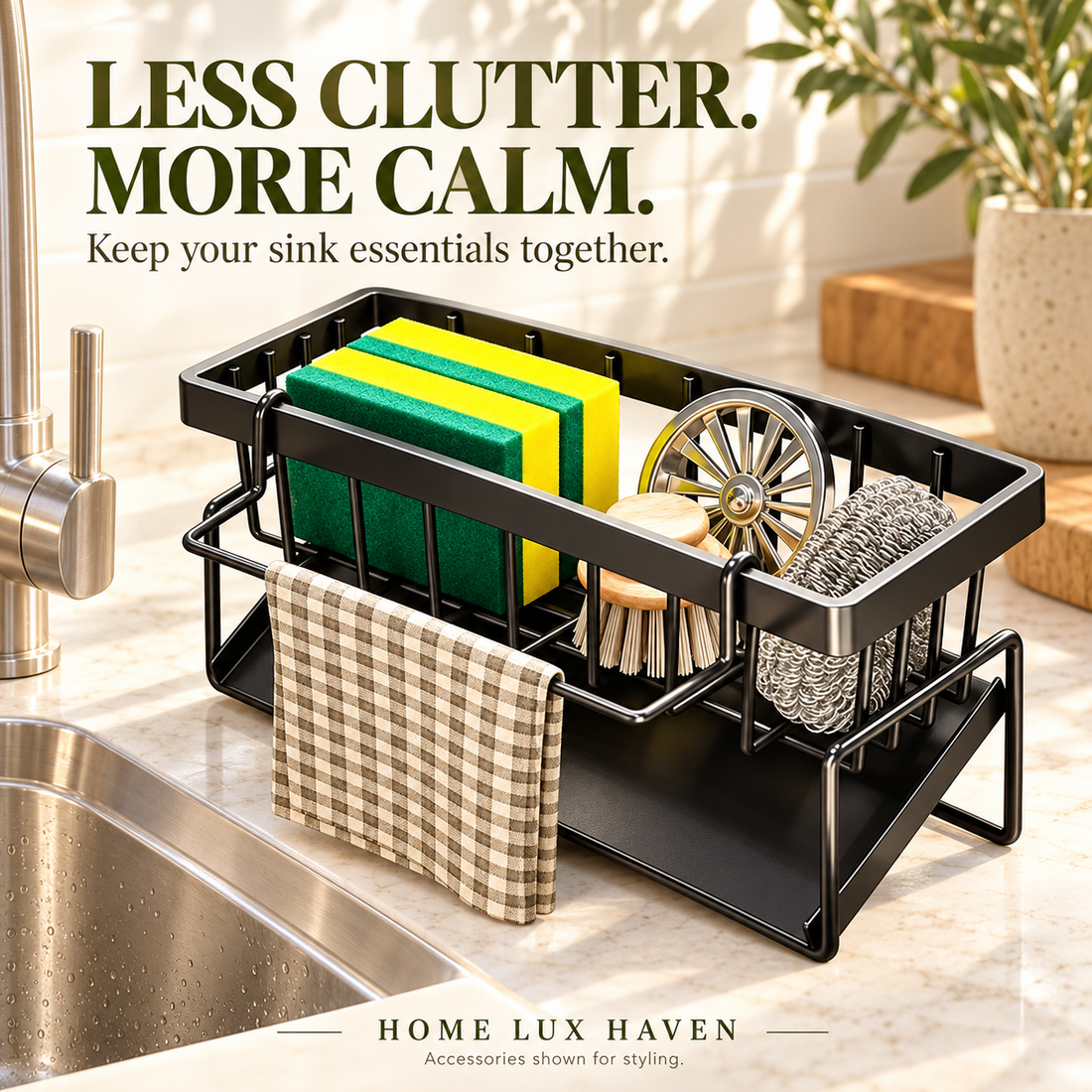 Self-Draining Sink Caddy with Sponge, Brush & Towel Holder - advertising image 01