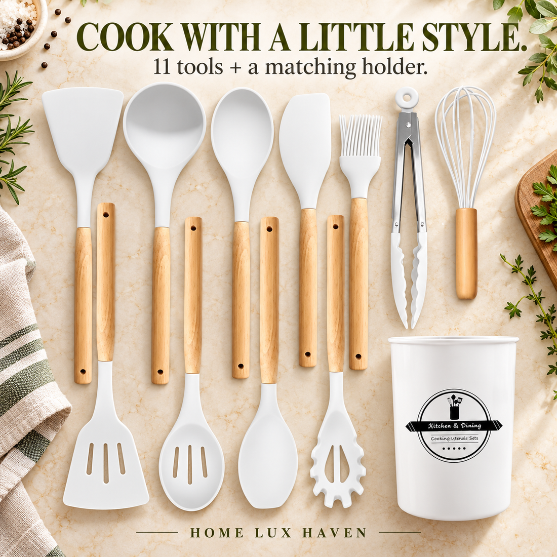 12-Piece Silicone Cooking Utensil Set with Wooden Handles & Holder - advertising image 01
