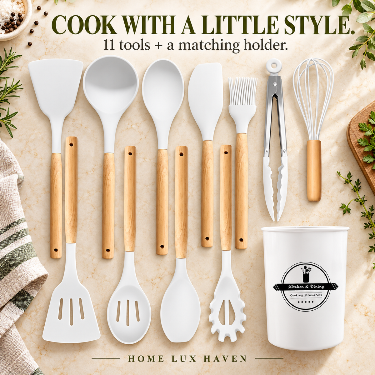 12-Piece Silicone Cooking Utensil Set with Wooden Handles & Holder - advertising image 01
