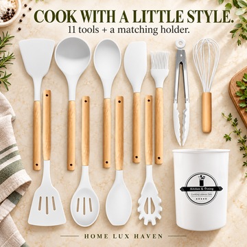 12-Piece Silicone Cooking Utensil Set with Wooden Handles & Holder - advertising image 01
