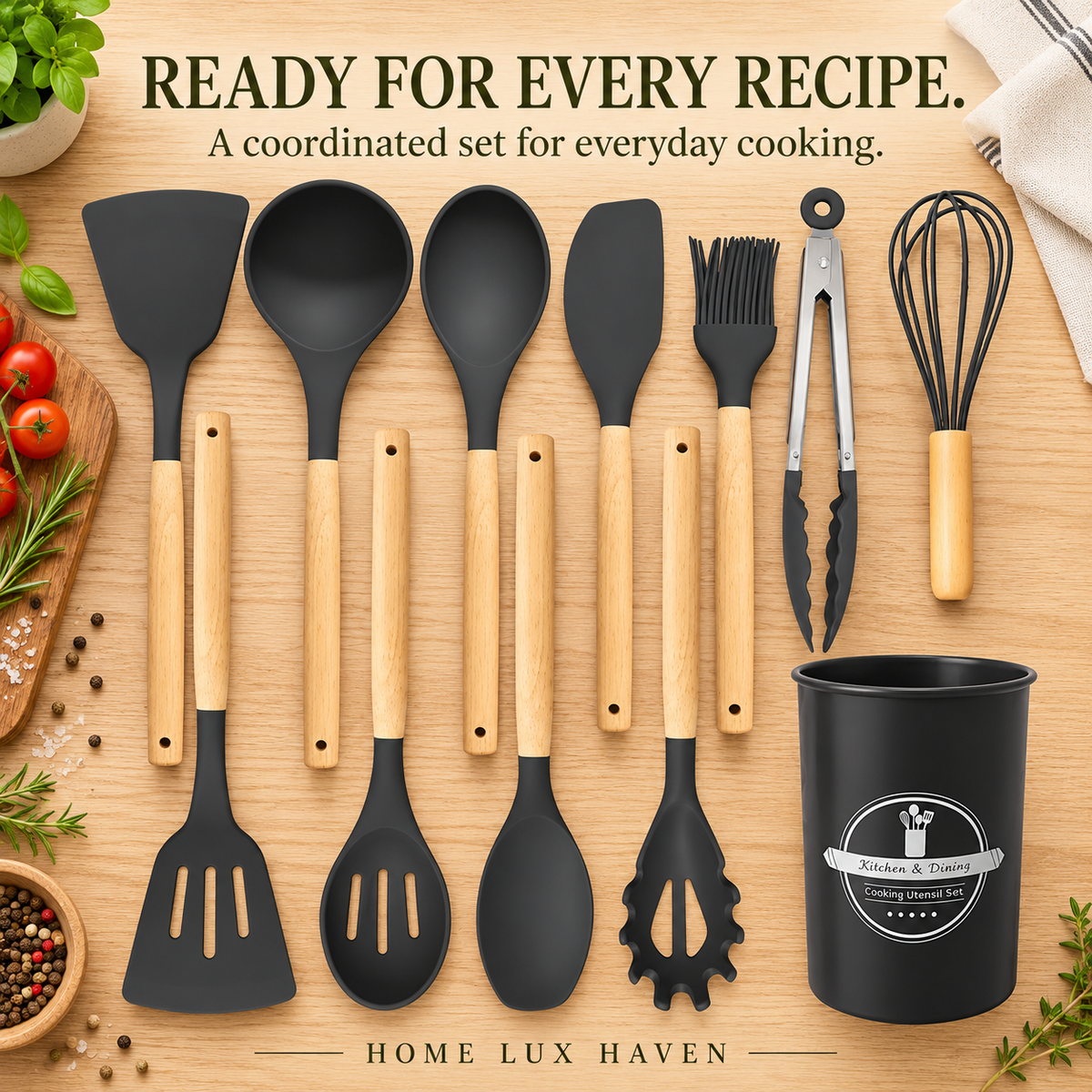 12-Piece Silicone Cooking Utensil Set with Wooden Handles & Holder - advertising image 02