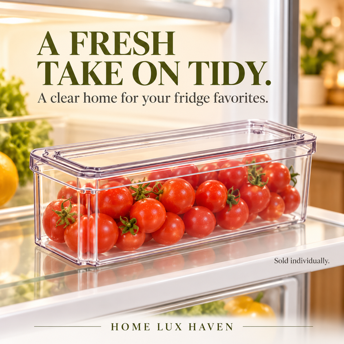 Clear Stackable Fridge Organizer Bin with Lid (Sold Individually) - advertising image 01