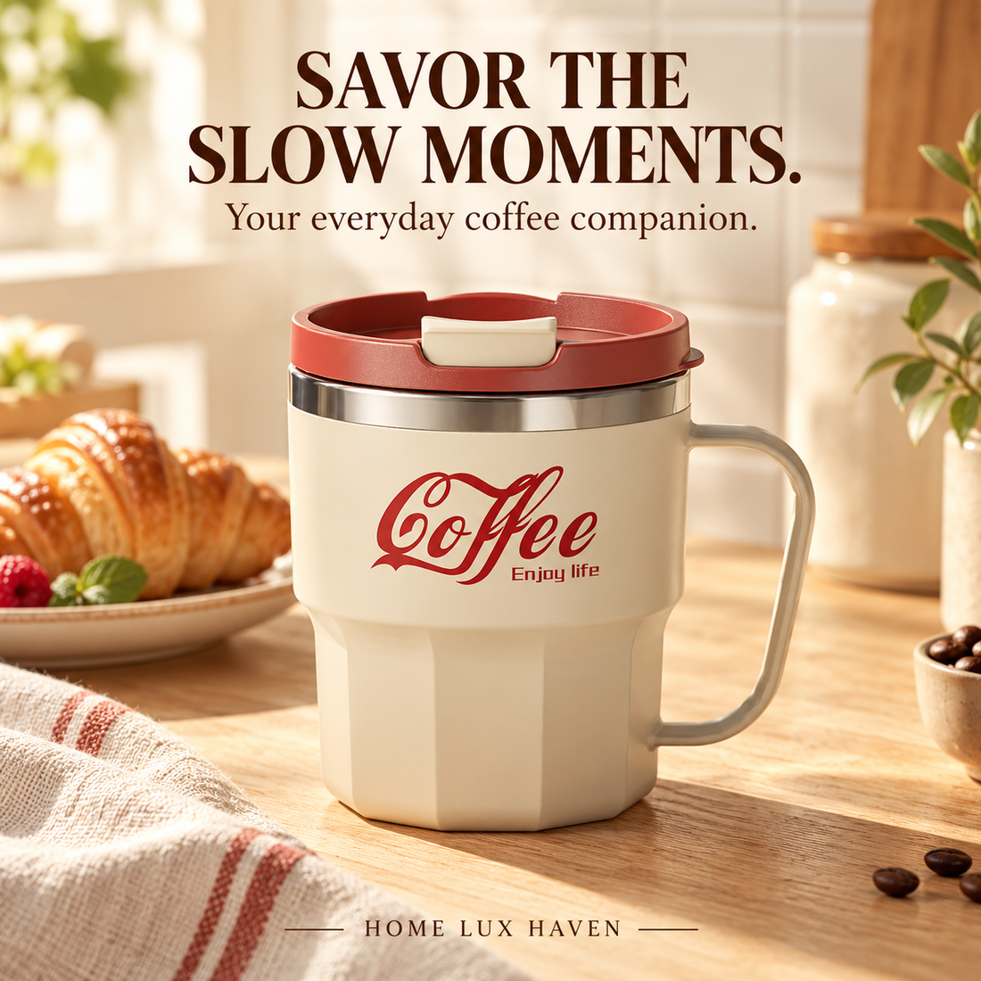 Insulated Stainless Steel Coffee Mug with Lid & Handle (13.5oz) - advertising image 01