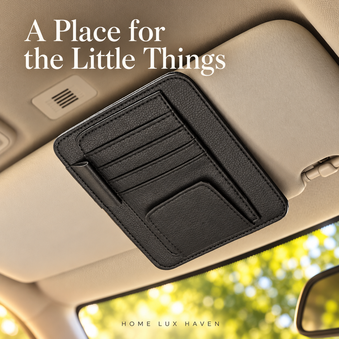 Leather Sun Visor Organizer - Card, Pen & Sunglasses Holder - advertising image 01