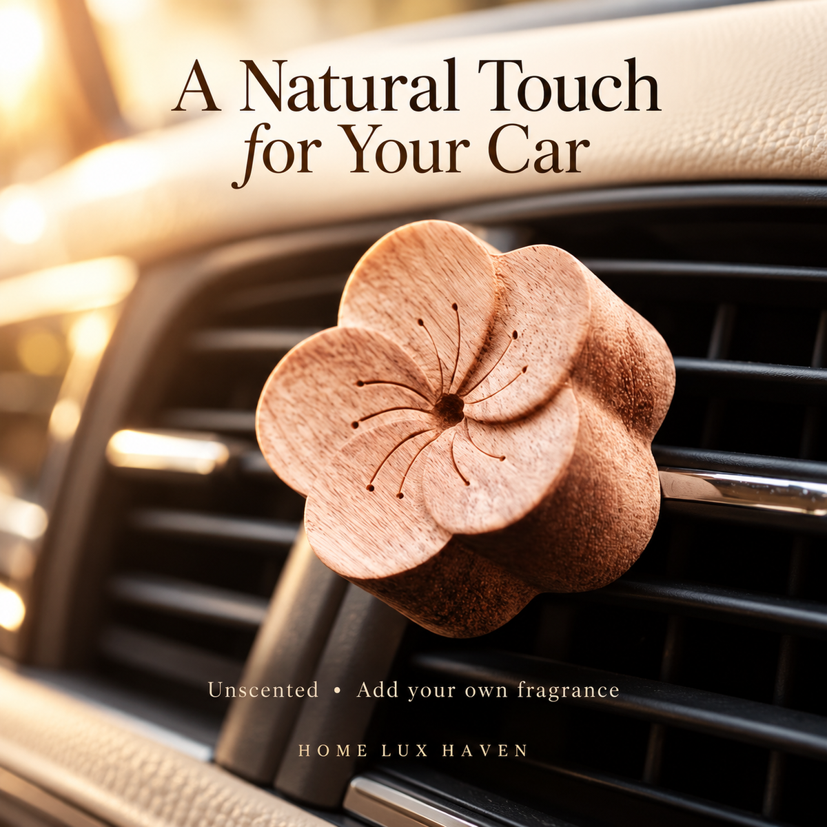 Carved Beechwood Flower Car Vent Diffuser - advertising image 01