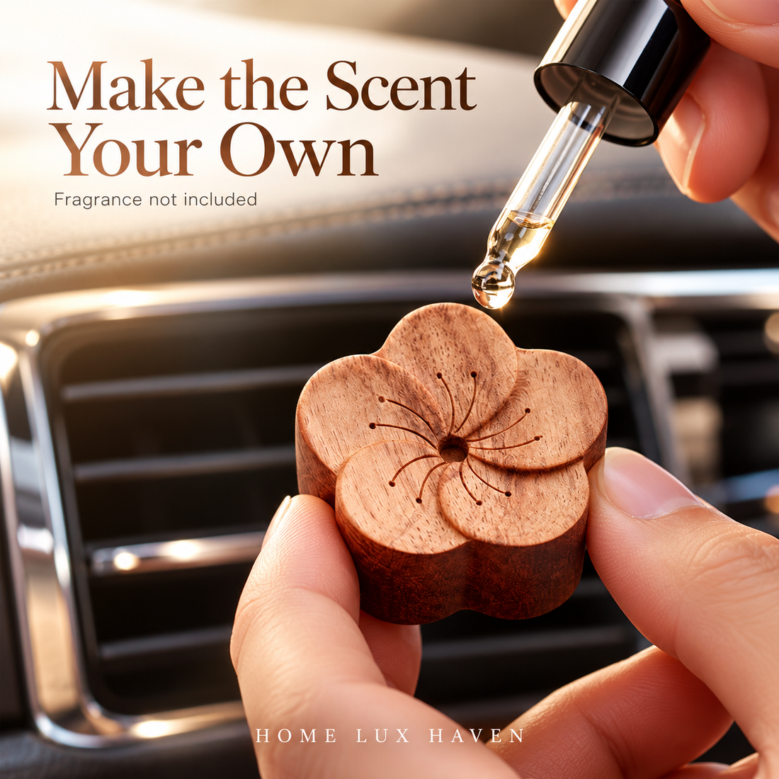 Carved Beechwood Flower Car Vent Diffuser - advertising image 01
