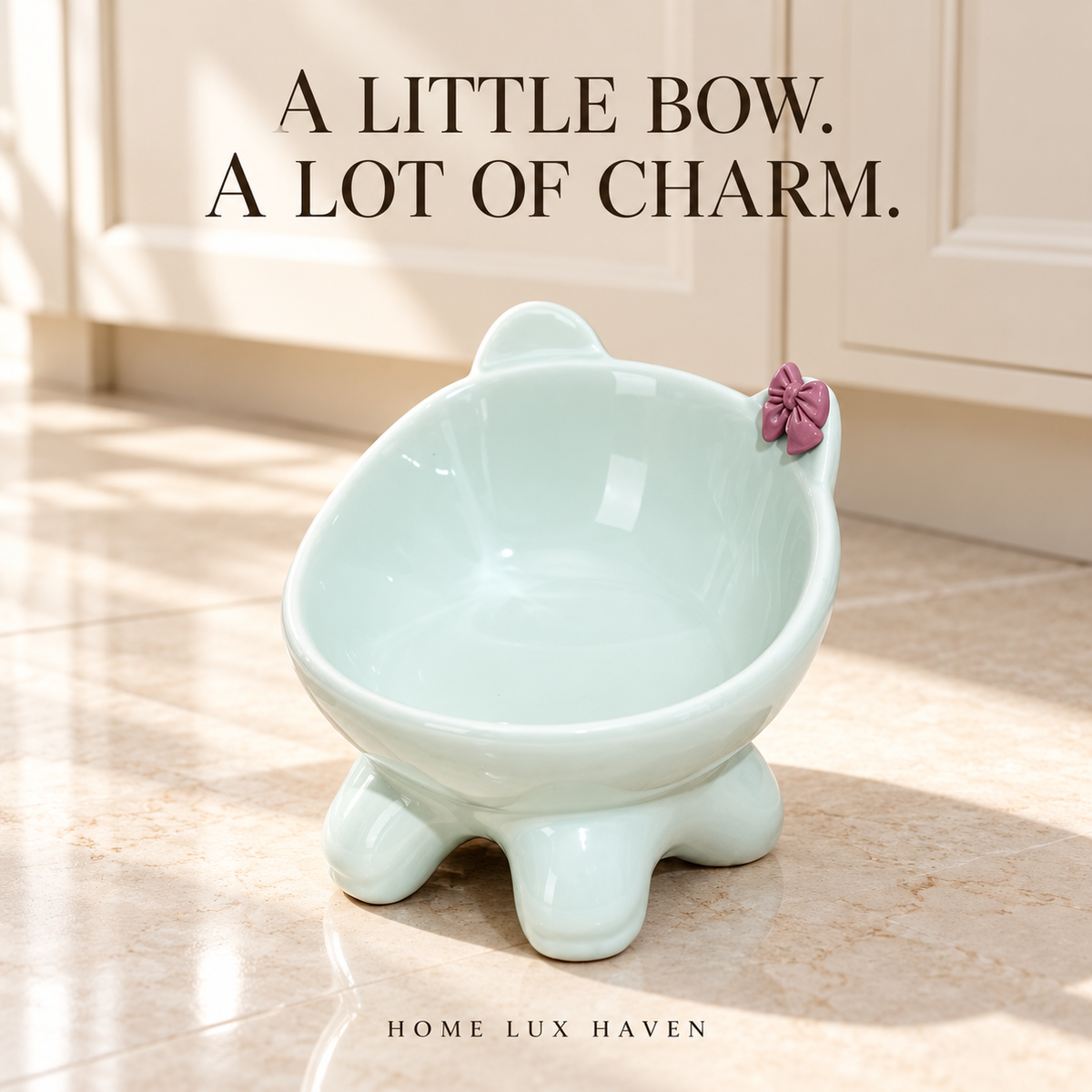 Tilted Ceramic Cat Bowl with Bow - Elevated Feeding Dish - advertising image 01