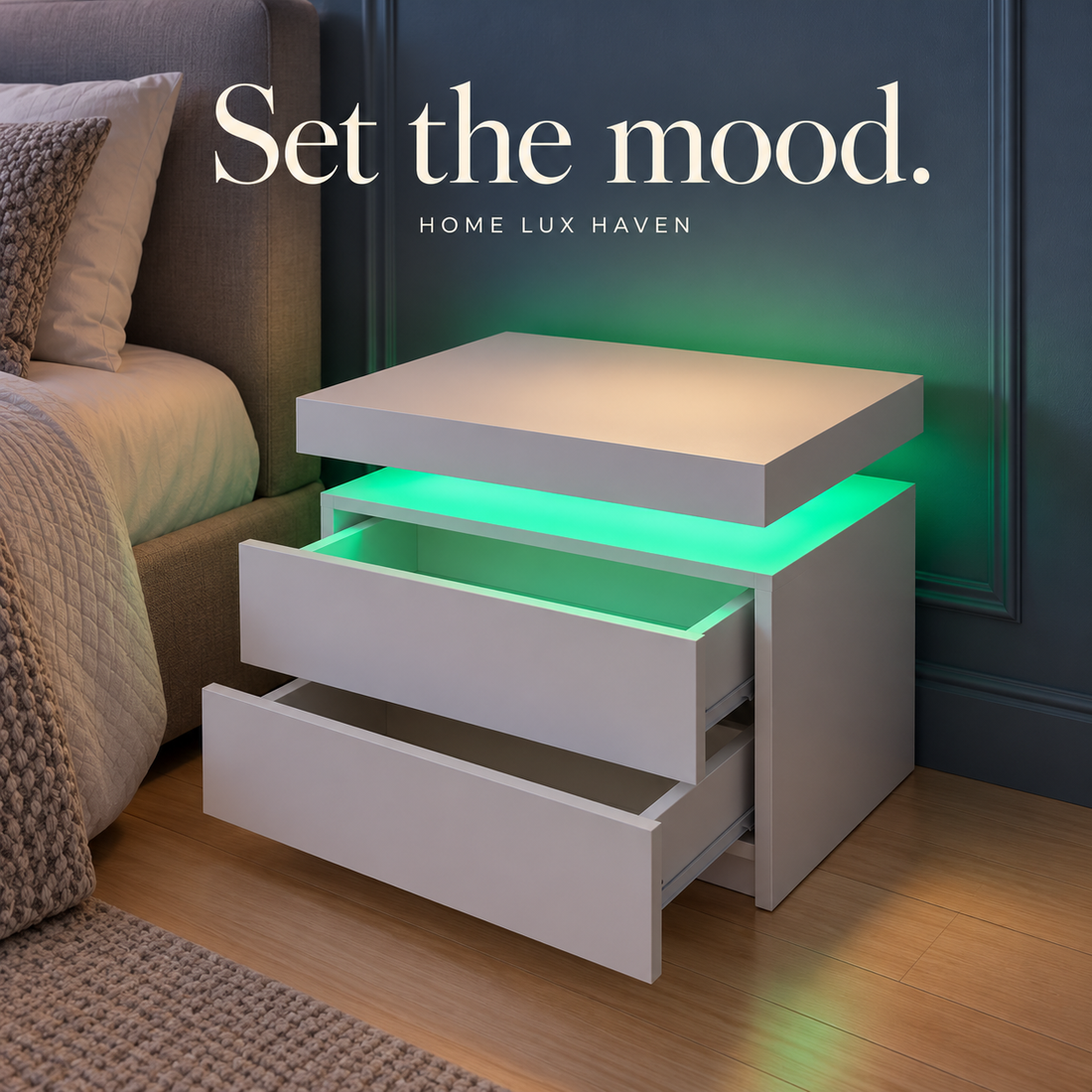 Modern LED Nightstand with 2 Drawers – RGB Bedside Table - advertising image 01