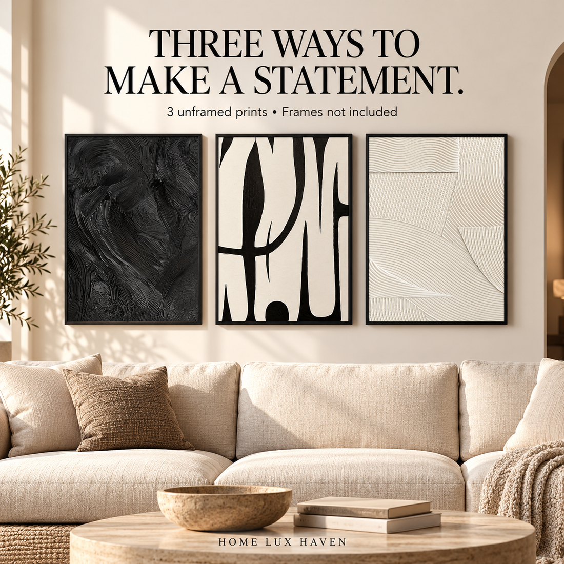 Modern Black & White Canvas Wall Art – 3-Piece Set - advertising image 01