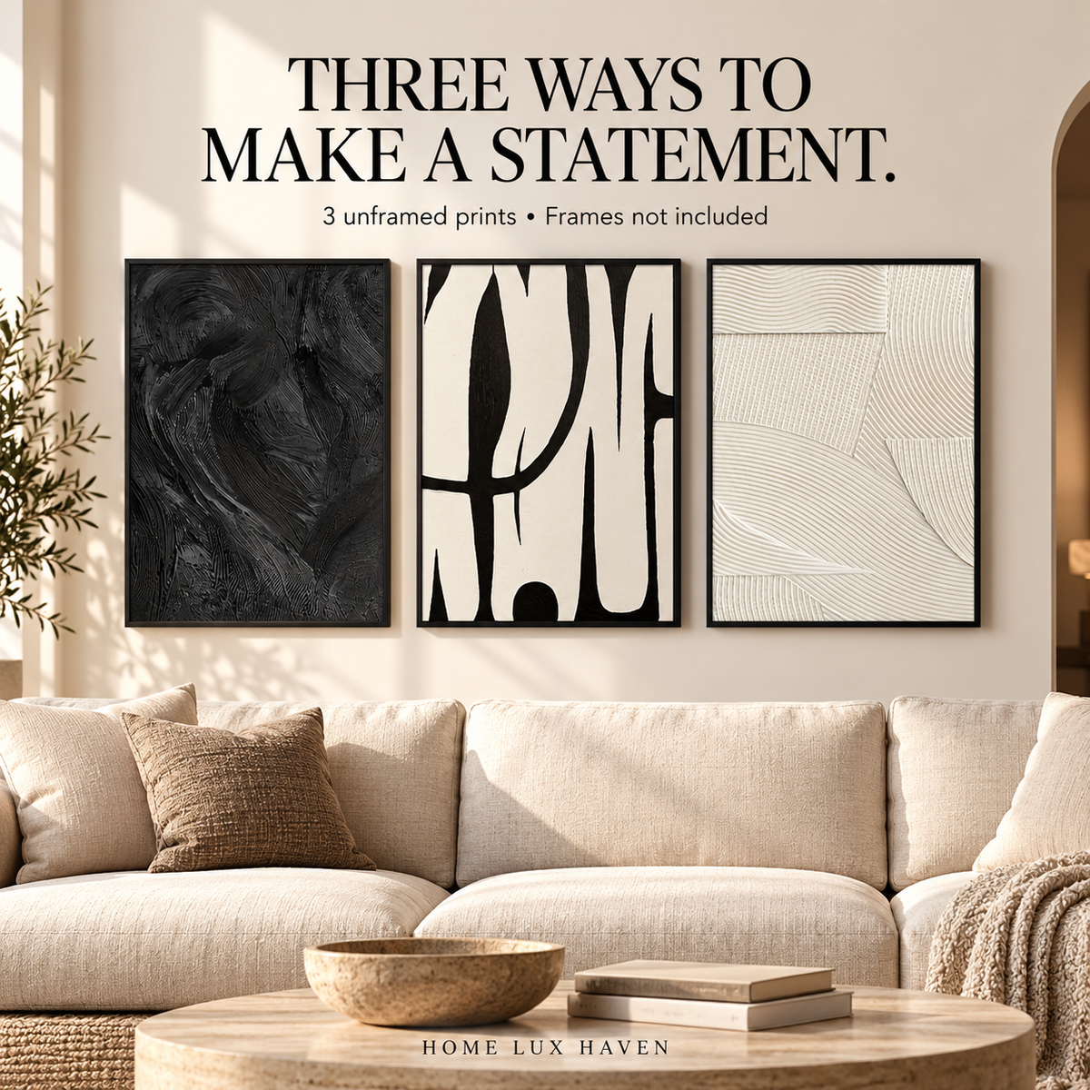 Modern Black & White Canvas Wall Art – 3-Piece Set - advertising image 01