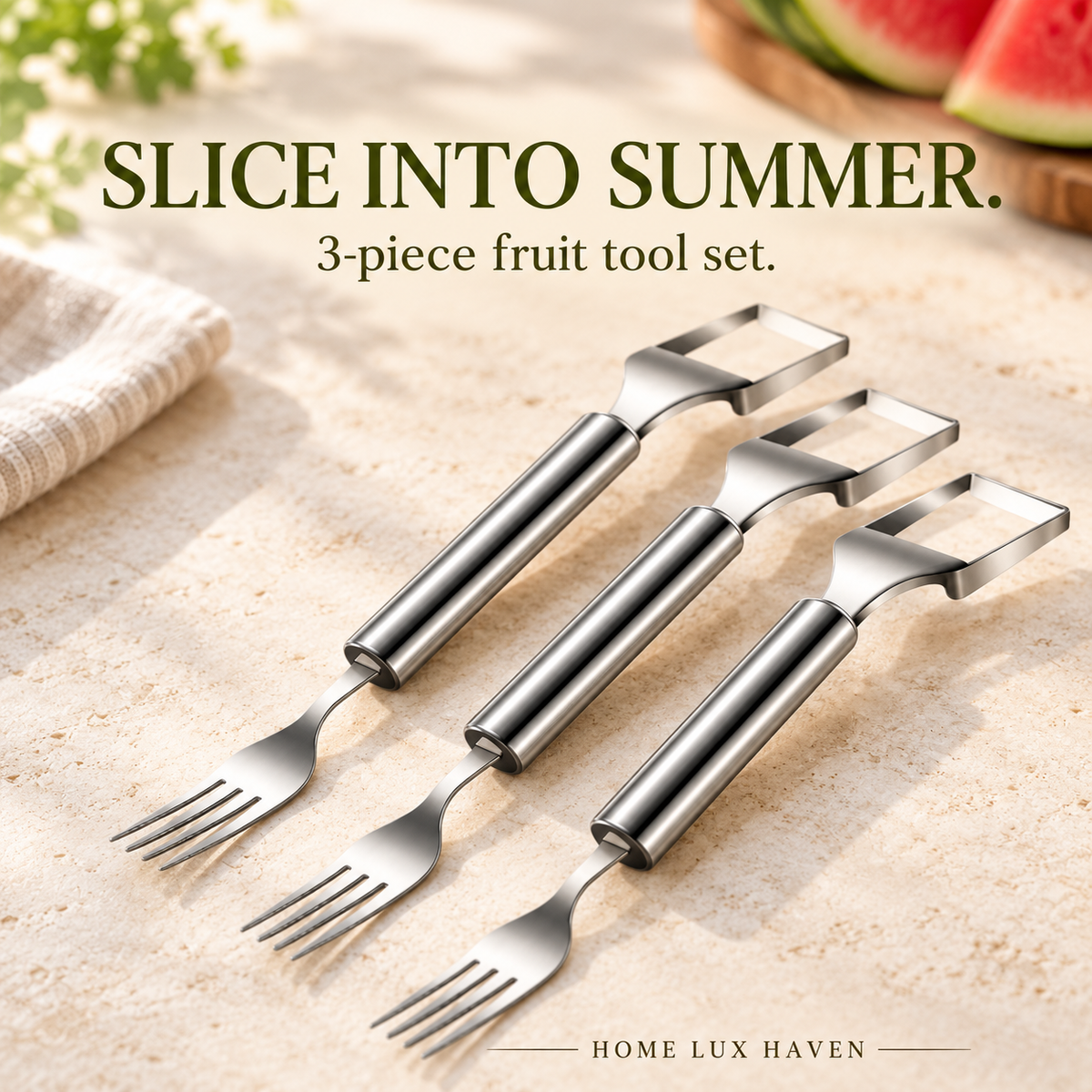 Watermelon Slicer & Serving Fork Set – 3-Piece Fruit Tool Kit - advertising image 01