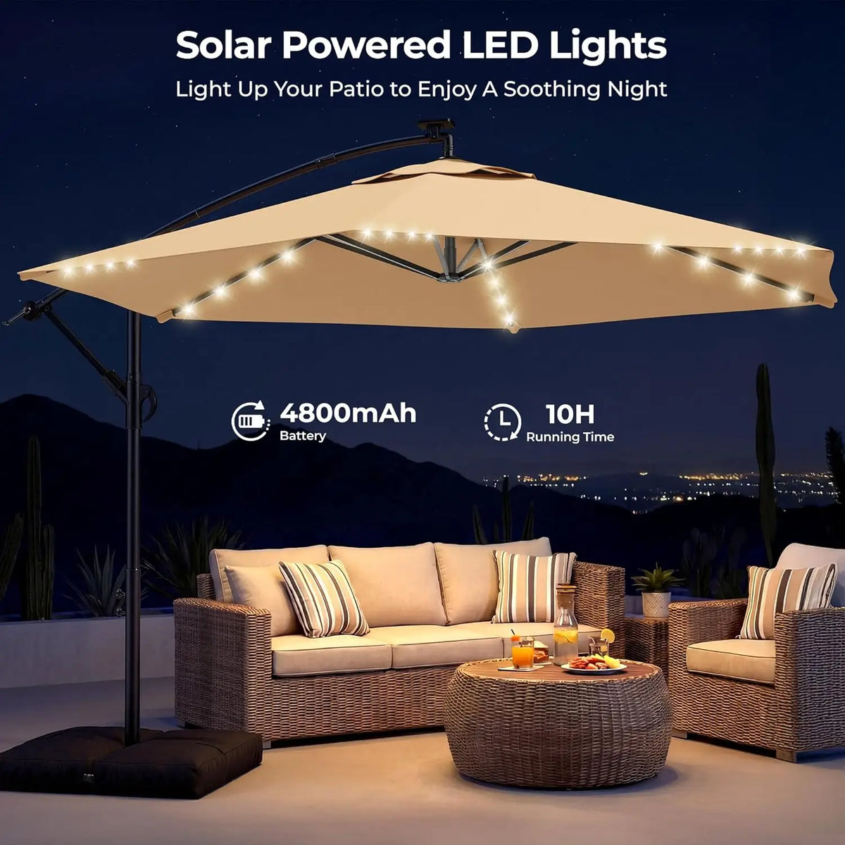 Solar LED cantilever umbrella lit at night on a patio