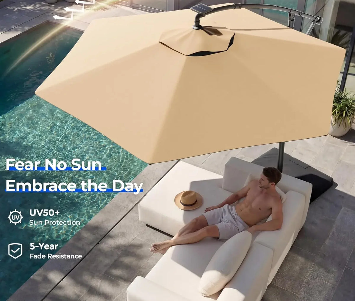 Beige offset patio umbrella shading a poolside lounger